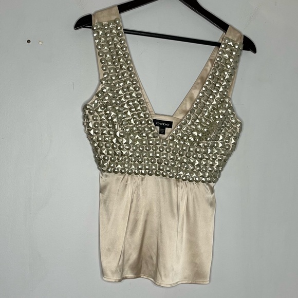 Bebe Size XS Y2K Heavy Beaded Silk Plunging Blouse - Picture 2 of 10